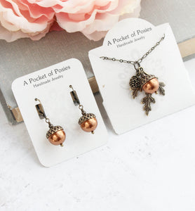 Burnt Copper Pearl Acorn Charm Necklace