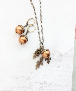 Burnt Copper Pearl Acorn Charm Necklace