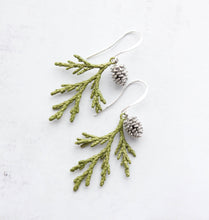 Load image into Gallery viewer, Cedar Branch Earrings | Rose Gold Patina with Silver Pine Cone