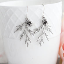 Load image into Gallery viewer, Cedar Branch Earrings | Rose Gold Patina with Silver Pine Cone