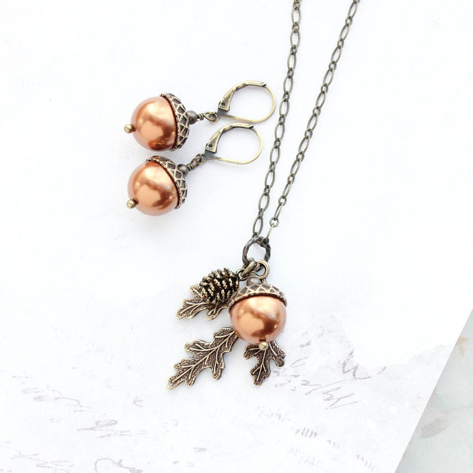 Burnt Copper Pearl Acorn Charm Necklace