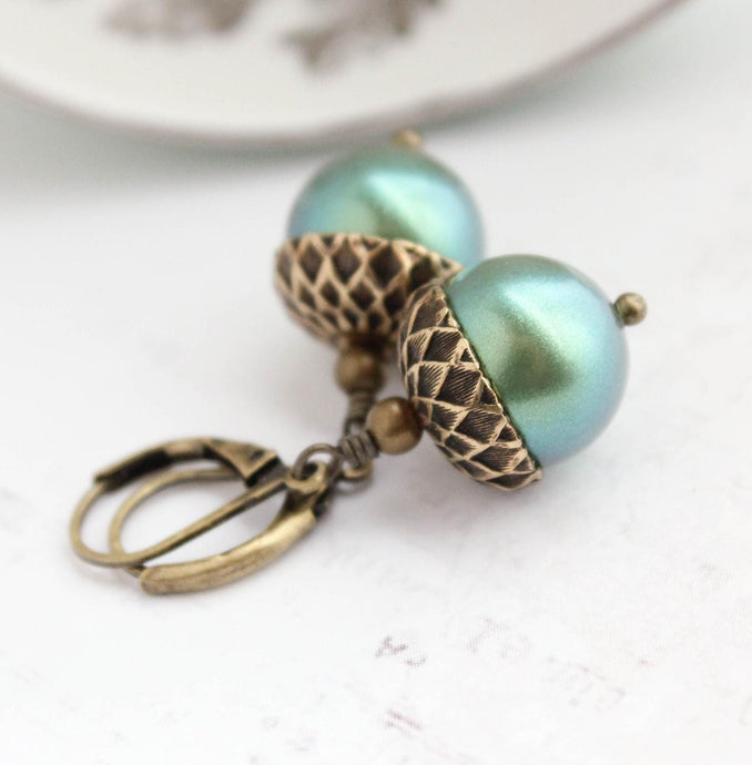 Teal Pearl Acorn Earrings