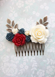 Bridal Hair Comb Big | Red and Navy Blue