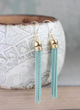 Load image into Gallery viewer, Aqua Chain Tassel Earrings