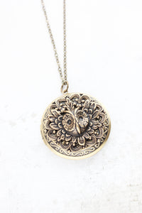 Owl Locket Necklace -Antiqued Gold