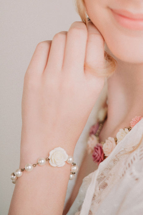 Ivory Rose and Pearl Bracelet