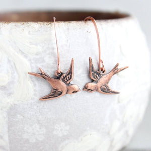 Flying Bird Earrings - Antiqued Copper