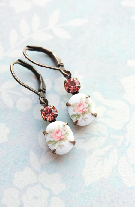 Pink Rose Cameo Earrings