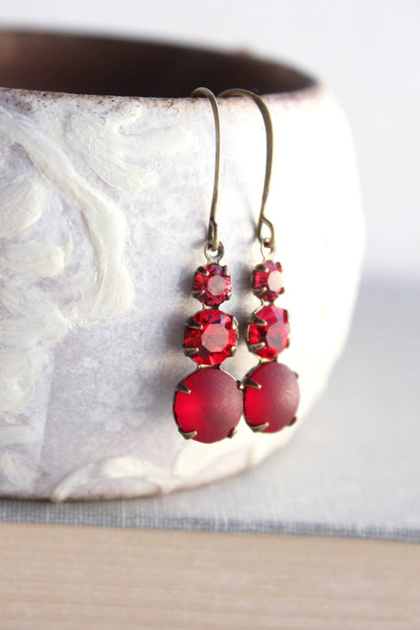 Three Jewel Earrings - Ruby Red