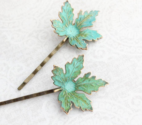 Maple Leaf Bobby Pins - Verdigris