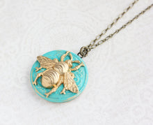 Load image into Gallery viewer, Bee Locket Necklace - Aqua Patina