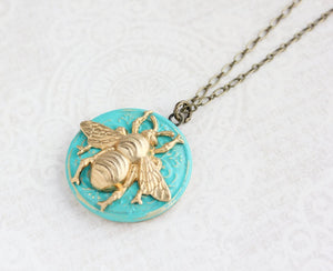 Bee Locket Necklace - Aqua Patina