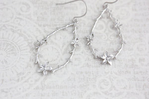 Twig and Flower Earrings - Matte Silver Rhodium