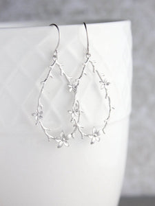 Twig and Flower Earrings - Matte Silver Rhodium