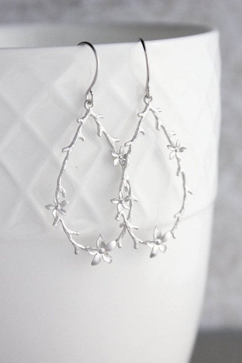 Twig and Flower Earrings - Matte Silver Rhodium