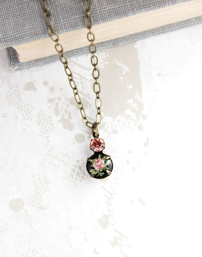 Small Pendant Necklace | Pink Rose on Black