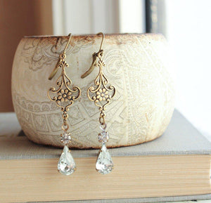 Long Filigree Earrings - Crystal Glass