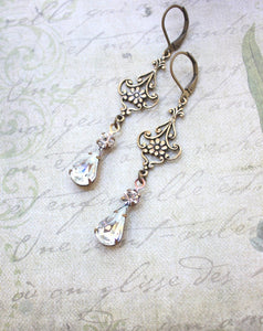 Long Filigree Earrings - Crystal Glass