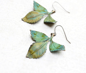 Three Leaf Branch Earrings - Verdigris Patina