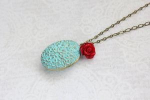 Aqua Patina Locket - Red Rose Charm